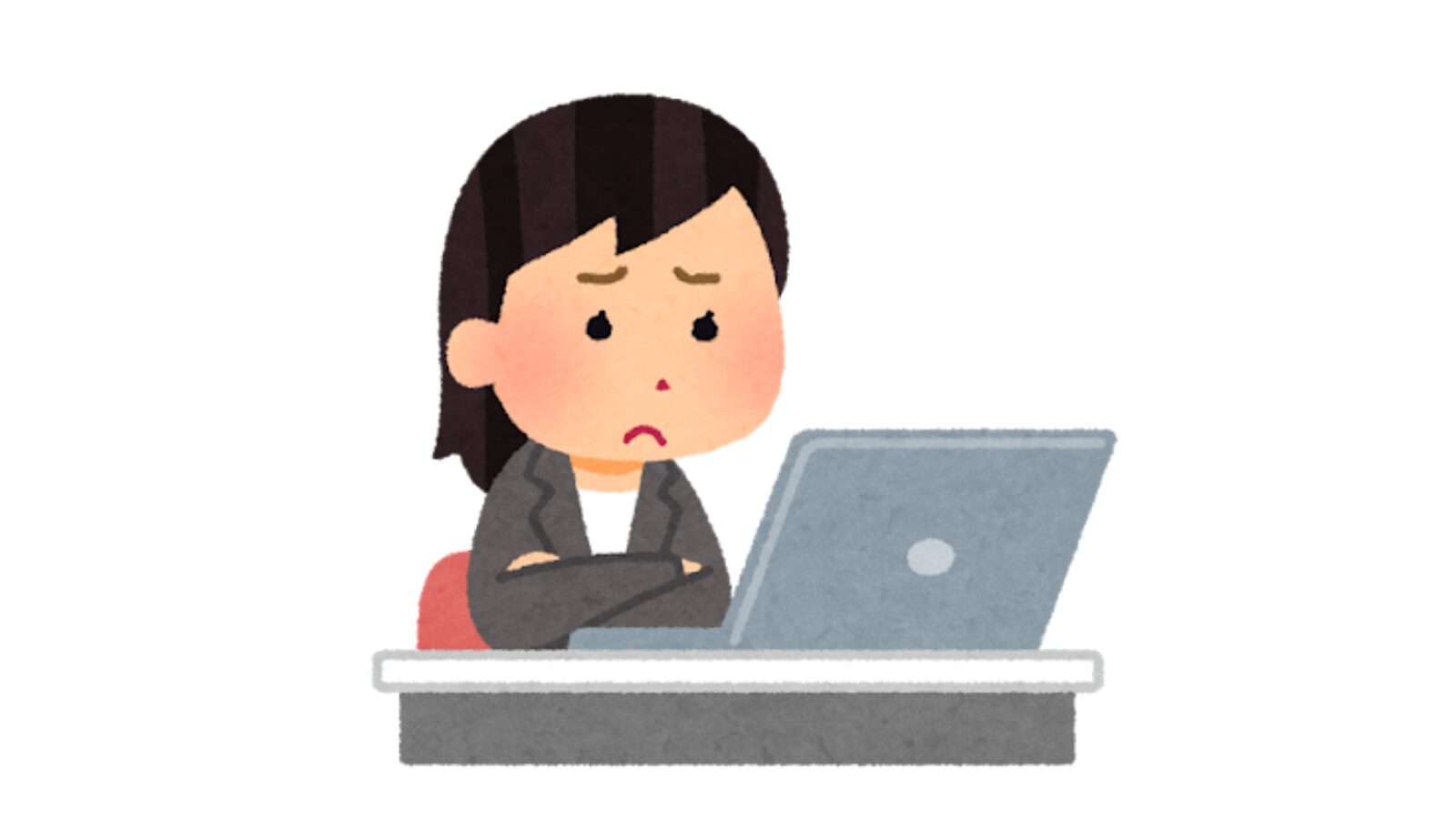 パソコンの前で困った表情をして腕を組む女性のイラスト