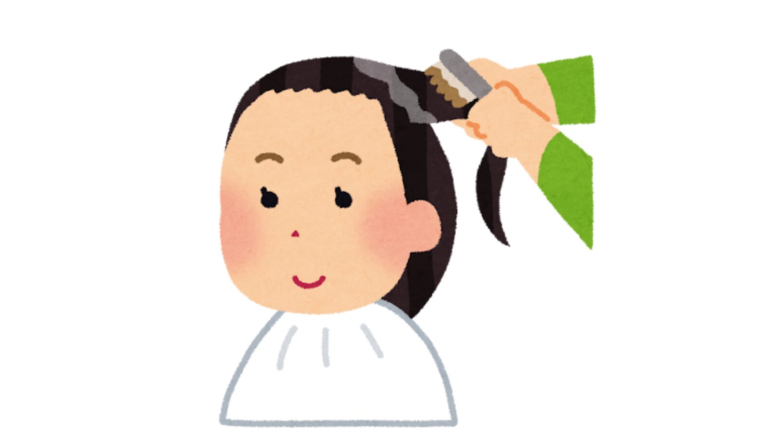 美容院でヘアカラー（全体染め）の施術を受けている女性のイラスト