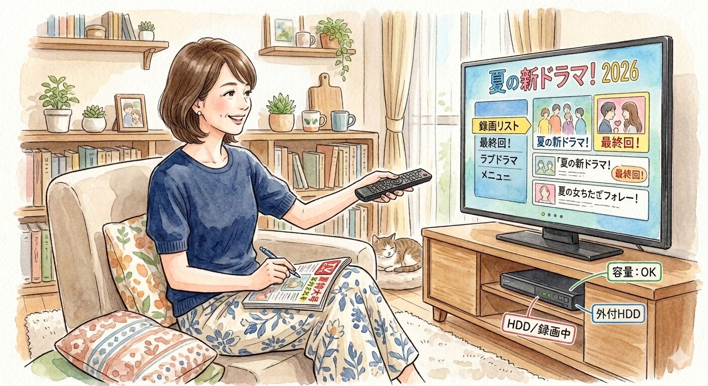 テレビの前でリモコンを手に持ち、夏の新ドラマの録画リストを見ながら笑顔で悩む、上品で若々しい50代女性のイラスト